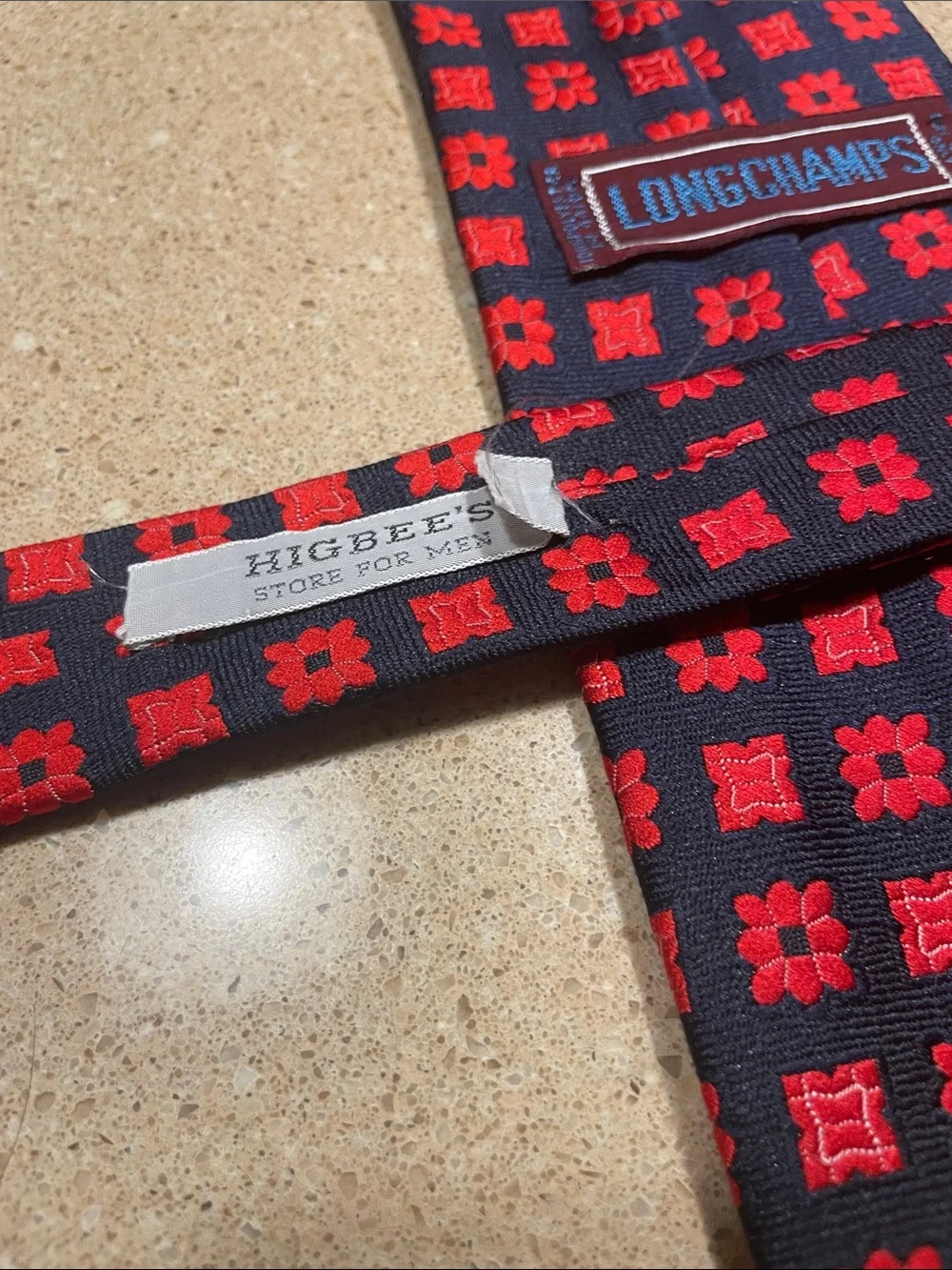 Longchamps Navy Tie with Red Floral-Geometric Pattern